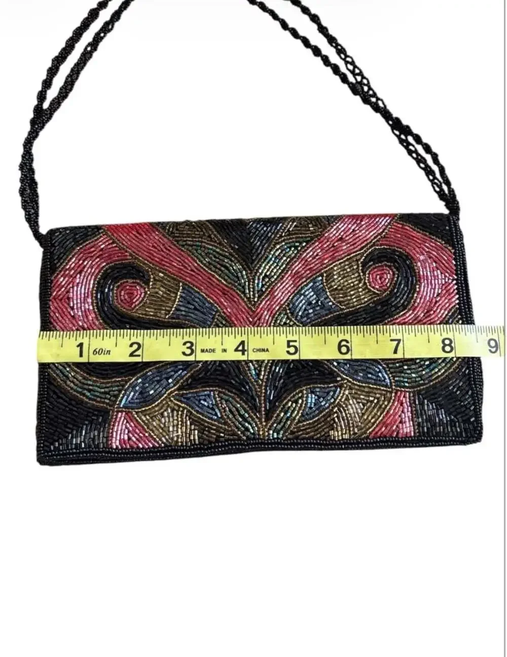 Vintage Hand-Beaded Multi-Color Floral Pattern Evening Clutch with Braided Strap